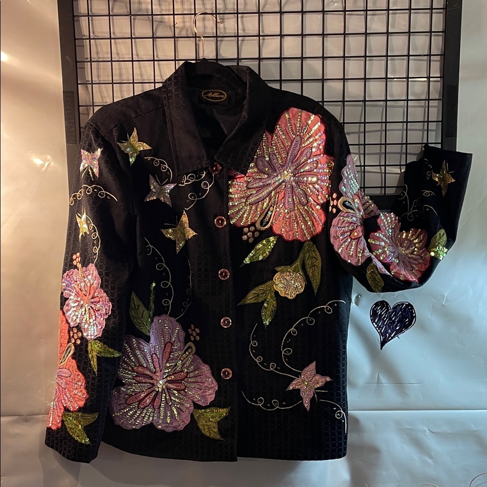 Allure Black blazer with Floral Sequins & beautiful pink buttons